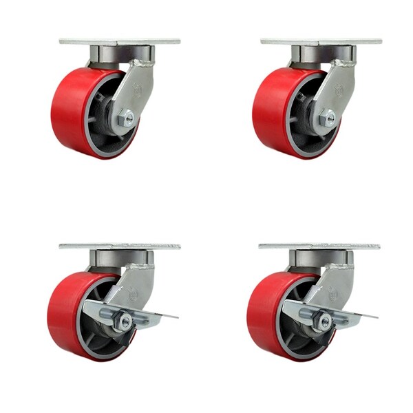 Service Caster 6'' Heavy Duty Red Poly on Cast Iron Wheel Swivel Caster Set with 2 Brakes, 4PK CRAN-SCC-KP92S630-PUR-RS-2-SLB-2 - main